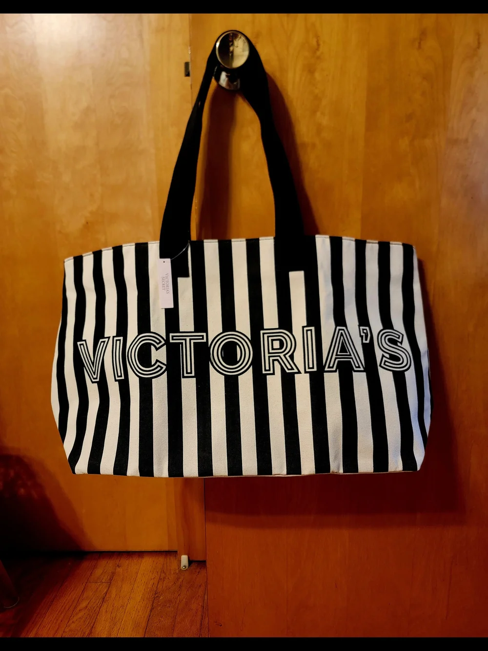 Victoria's Secret NWT Stripe Canvas Varsity Logo Large Travel Zipper Tote Bag